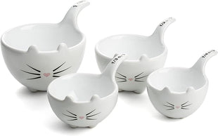 White Ceramic Cat Measuring Cups: Set of Cat Shaped Bowls - 1 Cup, 1/2 Cup, 1/3 Cup and 1/4 Cup