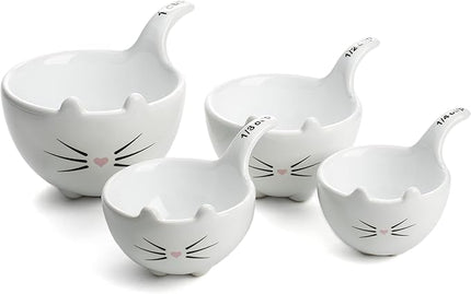 White Ceramic Cat Measuring Cups: Set of Cat Shaped Bowls - 1 Cup, 1/2 Cup, 1/3 Cup and 1/4 Cup