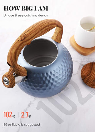 BELANKO 2.7 Quart Tea Kettle for Stovetop - Food Grade Stainless Steel with Diamond Texture, Designer Teapot Look, Cool-Touch Wood Pattern Handle, Whistling Spout - Glacier Blue