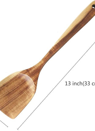 FJNATINH Large Wooden Wok Spatula, 13 Inch Natural Teak Long Handle Turner Coated Natural Resin, Handmade for Non-stick Cookware