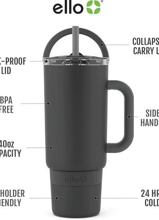 Ello Port 40oz Tumbler with Carry Loop & Integrated Handle, Vacuum Insulated Stainless Steel Reusable Water Bottle, Travel Mug with Leak Proof Lid and Straw, Perfect for Iced Coffee and Tea, Black