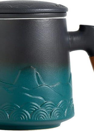 ZENS Tea Cup with Infuser and Lid for Loose Leaf Steeping, 16.9oz Embossed Ceramic Tea Infuser Mug, Wood Handle Tea Diffuser, Great Gift