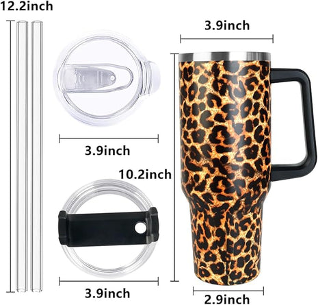 SYACOT 40 oz Tumbler with Handle and Straw Stainless Steel Insulated Tumbler Leak Proof Lid and Straw Lid Reusable Travel Mug Coffee Mug Cup Dishwasher Safe Keep Drinks Cold and Hot (Leopard)