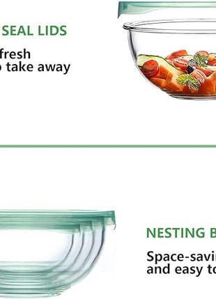 WhiteRhino Glass Mixing Bowl with Lids Set of 4,(1,1.5,2.5,3.7) Large Salad Bowl,Space-Saving Stacking Bowl for Kitchen Food Storage,Glass bowl for Cooking,Baking