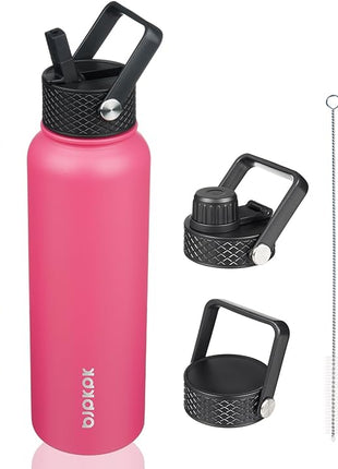 BJPKPK Insulated Water Bottles with Straw Lid, 40oz Stainless Steel Water Bottles with 3 Lids, BPA Free Leakproof Thermo, Tumblers, Cups for Sports, Gym- Rose Pink