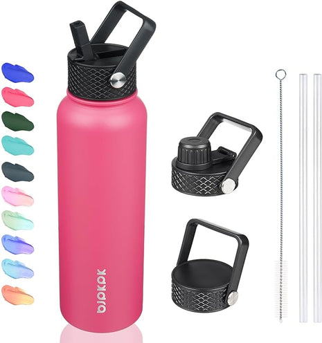 BJPKPK Insulated Water Bottles with Straw Lid, 40oz Stainless Steel Water Bottles with 3 Lids, BPA Free Leakproof Thermo, Tumblers, Cups for Sports, Gym- Rose Pink