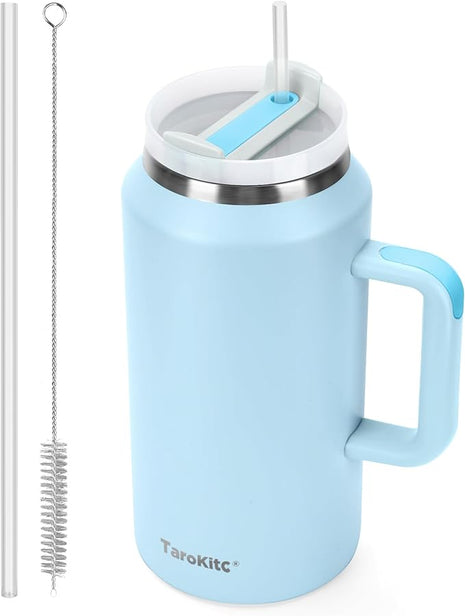 TaroKitc 64 oz Tumbler with Handle, Stainless Steel Insulated Travel Mug Iced Coffee Cup with Lids and Straw, Water Bottle Jug for Gym, Office, Home, Dishwasher Safe, BPA Free(Sky blue)