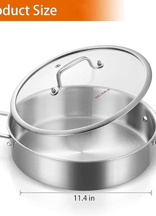 DELARLO Stainless Steel Pans,6QT Saute Pan,12 inch Everyday Pan with Lid,Dishwasher-Friendly Braiser,Stay-Cool Handles,Oven-Safe Up to 660℉