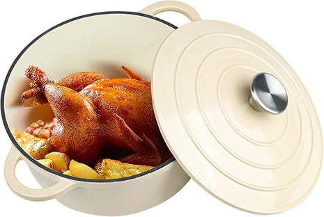 Miereirl 4.5 Quart Enameled Dutch Oven Pot with Lid, Cast Iron Dutch Oven with Dual Handles for Bread Baking, Cooking, Non-stick Enamel Coated Cookware (Beige)