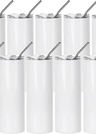 PYD Life 10 Pack Sublimation Tumblers Bulk Blank 20 OZ Skinny White Stainless Steel Tumbler Cups with Straw and Lid for Mug Tumbler Heat Press Sublimation Oven Printing