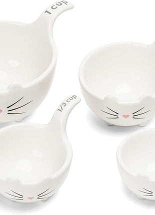 White Cat Measuring Cups & Spoons Gift Set – Ceramic Kitchen Tools for Cat Lovers & Bakers – 4 Measuring Cups and 4 Measuring Spoons – Unique Gift for Kitchen, Baking, and Cat Lovers