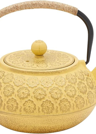 Juvale Japanese Cast Iron Teapot - Stainless-Steel Infuser & Loose Leaf Tea Pot - Superior Heat Retention Cast Iron Kettle - Elegant Floral Trivet For Home Tea Set - 800 ml, Yellow