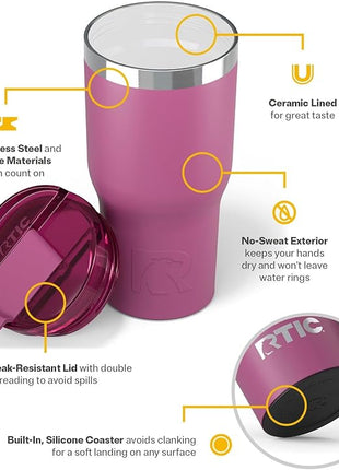RTIC 20oz Essential Tumbler with Lid, Ceramic Lined, Insulated, Stainless Steel, Metal, Double Wall Vacuum-Insulation, Travel Cup for Iced Coffee, Tea, Hot and Cold Drink, Orchid