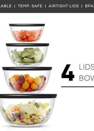 JoyJolt Kitchen Mixing Bowls - 8pc Glass with Lids Set – Neat Nesting Large Bowl Batter Cooking Storage and Big Salad BPA-Free Black