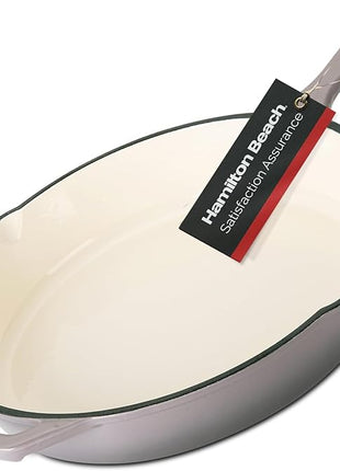 Hamilton Beach Enameled Cast Iron Fry Pan 12-Inch Gray, Cream Enamel coating, Skillet Pan For Stove top and Oven, Even Heat Distribution, Safe Up to 400 Degrees, Durable