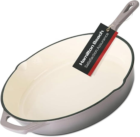 Hamilton Beach Enameled Cast Iron Fry Pan 12-Inch Gray, Cream Enamel coating, Skillet Pan For Stove top and Oven, Even Heat Distribution, Safe Up to 400 Degrees, Durable