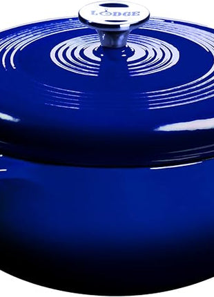 Lodge 7.5 Quart Enameled Cast Iron Dutch Oven with Lid – Dual Handles – Oven Safe up to 500° F or on Stovetop - Use to Marinate, Cook, Bake, Refrigerate and Serve – Indigo