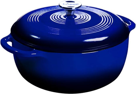 Lodge 7.5 Quart Enameled Cast Iron Dutch Oven with Lid – Dual Handles – Oven Safe up to 500° F or on Stovetop - Use to Marinate, Cook, Bake, Refrigerate and Serve – Indigo