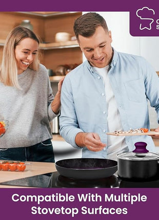 Chef’s Star Aluminum Pots and Pans Set for Kitchen - Nonstick Stackable Induction Cookware, 11 Pcs, Purple