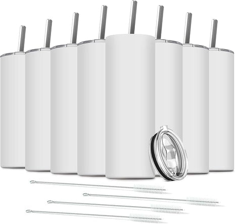 8 Pack Stainless Steel Skinny Tumbler, 20 OZ Double-Insulated Water Tumbler Cup with 8 Straw and 4 Brush, Vacuum Travel Mug Gift for Hot Cold Drinks with Cleaning(White)