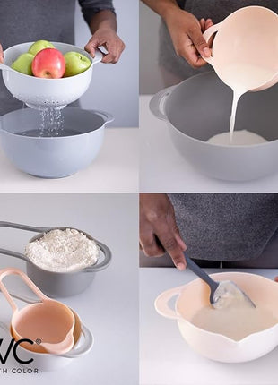 COOK WITH COLOR Nesting Bowls with Measuring Cups Colander and Sifter Set - Includes Mixing Bowls, Colander, Sifter and Measuring Cups, Pink, 8 Pc Bowl