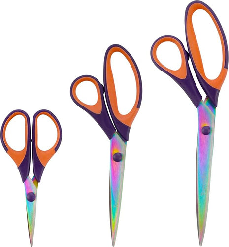 BambooMN Titanium Softgrip Scissors Set for Sewing, Arts, Crafts, Office - Purple w/Orange - 30 Set of 3