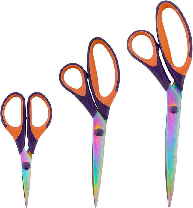 BambooMN Titanium Softgrip Scissors Set for Sewing, Arts, Crafts, Office - Purple w/Orange - 3 Set of 3