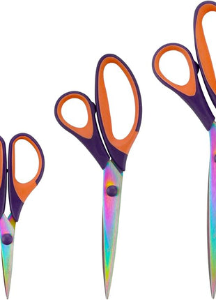 BambooMN Titanium Softgrip Scissors Set for Sewing, Arts, Crafts, Office - Purple w/Orange - 1 Set of 3