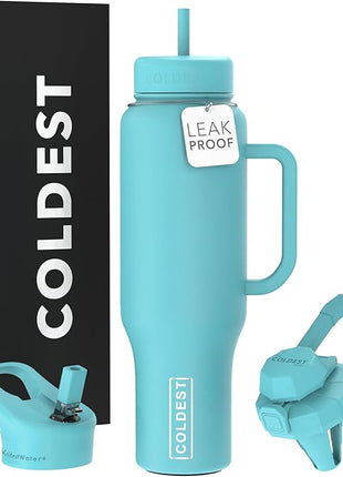 Coldest Tumbler with Handle and Straw, 100% Spill Proof Tumbler with Straw (3 Lids), Stainless Steel Insulated Leakproof Tumblers for Women Men, Cup Holder Friendly, 46 oz (Turtly Green)