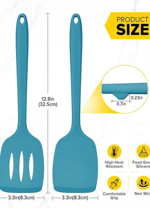 Pack of 2 Silicone Spatula Turners, Non Stick Slotted Kitchen Spatula Set, Heat Resistant BPA Free Kitchen Utensils, One-Piece Design, Suitable for Flipping Fish, Eggs, Steak, Pancakes(BLUE)