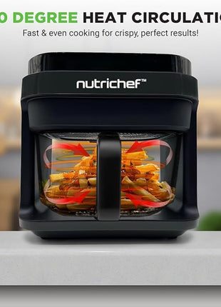 Nutrichef 5.8 Quart Air Fryer | 8-1 Preset Cook Modes | Transparent Fry Bowl for Best Cooking Results | Cook Shrimp, Steak, Fries, Wings, Chicken & More | Precise Temperature Control & Time | Grey