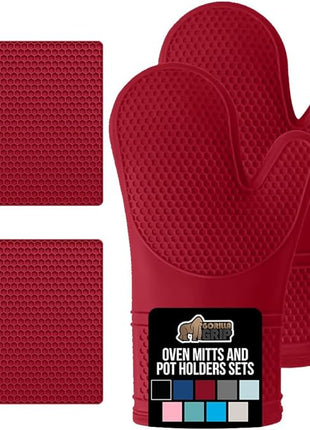 GORILLA GRIP BPA-Free Soft Silicone Oven Mitts and Pot Holders Sets of 4, Heat Resistant Waterproof Cooking Gloves, Thick Cotton Lining, Flexible Gripping for Baking Grilling, Kitchen Trivets, Red
