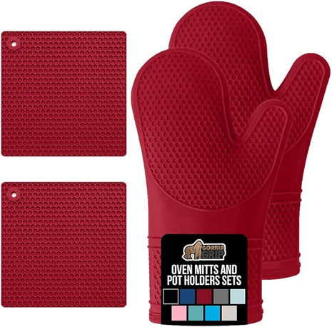 GORILLA GRIP BPA-Free Soft Silicone Oven Mitts and Pot Holders Sets of 4, Heat Resistant Waterproof Cooking Gloves, Thick Cotton Lining, Flexible Gripping for Baking Grilling, Kitchen Trivets, Red