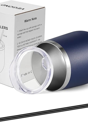VEGOND 12oz Stainless Steel Wine Tumbler with Lid and Straw, Double Wall Vacuum Insulated Stemless Wine Glass Tumbler Cup, Coffee Mug for Cold Hot Drinks