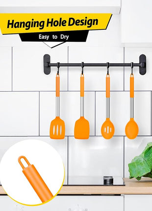 Pack of 4 Silicone Cooking Utensils Set, Non Stick Large Solid Spatulas, Heat Resistant Slotted Spoons, Ideal BPA Free Kitchen Turners for Frying, Mixing,Serving,Draining,Turning,Stirring (ORANGE)