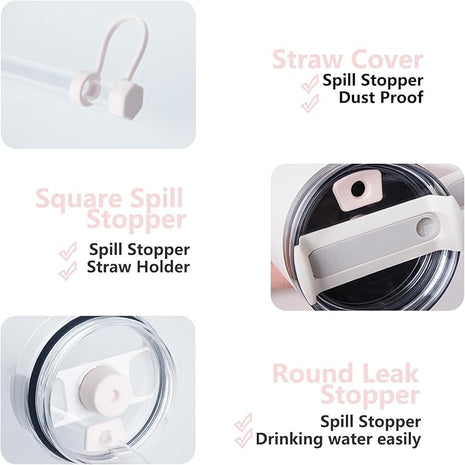 Silicone Spill Stopper Set Compatible with Stanley Cup 2.0 30oz & 40oz with Straw Cover (Set of 2, Rose Quartz)