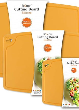 Liflicon Silicone Thick Cutting Boards Mats Set of 3pcs Foldable & Flexible Design Juice Grooves Easy Grip Handle Dishwasher Safe for Kitchen,BPA free Silicone Cutting Mats-Yellow