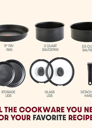 T-fal Ingenio Expertise Non Stick Cookware Set 8 Piece, Induction, Oven Broiler Safe 500F, Stackable Cookware, Pots and Pans, RV, Camping, Fry Pans, Dishwasher Safe, Detachable/Removable Handle Black