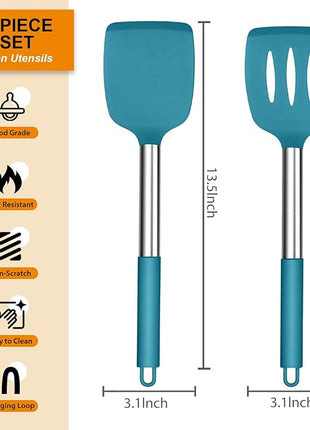 Silicone Spatula Set of 2, E-far Solid & Slotted Turner for Nonstick Cookware, Heat Resistant Rubber Kitchen Cooking Utensils for Flipping Fish Pancake Egg - Teal Blue