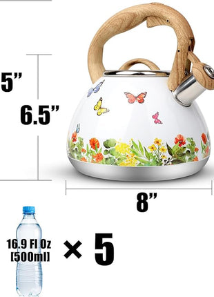 Tea Kettle, Toptier Teapot Whistling Kettle with Wood Pattern Handle Loud Whistle, Food Grade Stainless Steel Tea Pot for Stovetops Induction Water Kettle, 2.7-Quart Butterfly