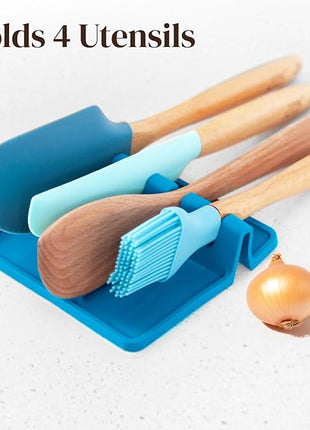 Light Blue Silicone Spoon Rest for Stove Top with Drip Pad (Two Pack) - Heat Resistant BPA Free Utensil Rest & Spoon Holder for Kitchen Counter - Grill Utensil Holder - Spatula Holder, Tongs, Ladle