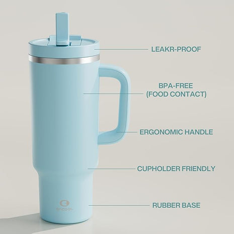 ENCOOL 40 oz Tumbler with Handle and Straw: Stainless Steel Insulated Tumbler Keeps Cold for 24 Hours, Leakproof Travel Cup Fits in Cup Holder and BPA-Free,Pewter Blue