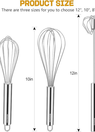 NileHome Stainless Steel Whisk Set 8" 10" Hand Blender + 12" Semi-Automatic Rotary Kitchen Whisk Kitchen Wisk Wire Whisks for Cooking, Whisking, Blending, Beating, Stirring- 3 Pack...