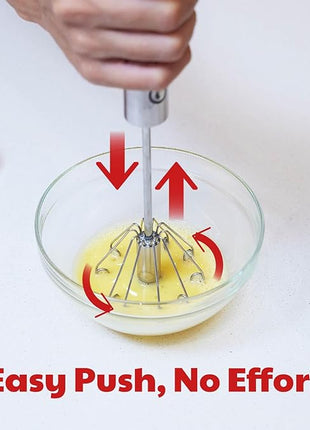 Stainless Steel Egg Whisk - Easy to Use Semi-Automatic Push-Down Zip Whisker - Rotary Hand Mixer for Beating Eggs, Frothing Milk, Blending, Mixing, Whipping Smoothies & Shakes - 2 Pack (12 &14 Inch)