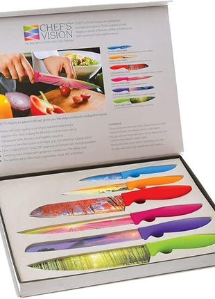 CHEF'S VISION Landscape Knife Set - 6-Piece Stainless Steel Cutting Knives Set for Kitchen with Stunning Nature Scenes - Perfect House Warming Gift for Women or Men - Unique Kitchen Knife Set Gift
