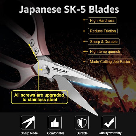 2 Pack ONEBOM Kitchen Shears,Kitchen Scissors Heavy Duty Serrated Blade for Cutting Meat, Food, Fish, Poultry Sharp Scissors, Apartment Kitchen Accessories,Gift Herb Scissor(Rose Glod)