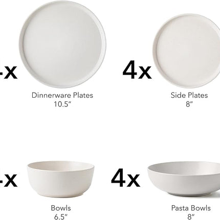 SKUGGA Round Stoneware 16pc Double Bowl Dinnerware Set for 4, Dinner and Side Plates, Cereal and Pasta Bowls - Matte White(466077)