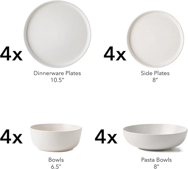 SKUGGA Round Stoneware 16pc Double Bowl Dinnerware Set for 4, Dinner and Side Plates, Cereal and Pasta Bowls - Matte White(466077)