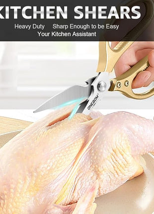 ONEBOM 2 Pack Kitchen Shears,Multi-Function Kitchen Scissors Heavy Duty Sharp 304 Stainless Steel, Gold Apartment Kitchen Accessories Cooking Shears for Chicken,Meat,Fish,Poultry (Gold)