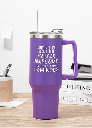 NOWWISH Gifts for Women, Sometimes You Forget You're Awesome 40 oz Tumbler with Handle and Straw, Birthday Gifts for Her Mom Wife Girlfriend and Sister - Purple